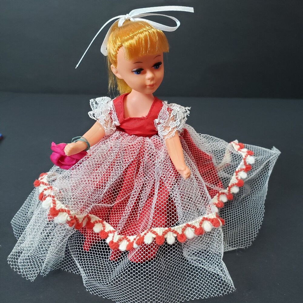 Vintage Hong Kong Fashion Mini Doll 6" with Blonde Hair in a Red Gown
